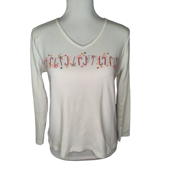Liz Claiborne Long Sleeve Holiday Winter Candy Canes Sequens Vneck Shirt Small - Picture 1 of 9